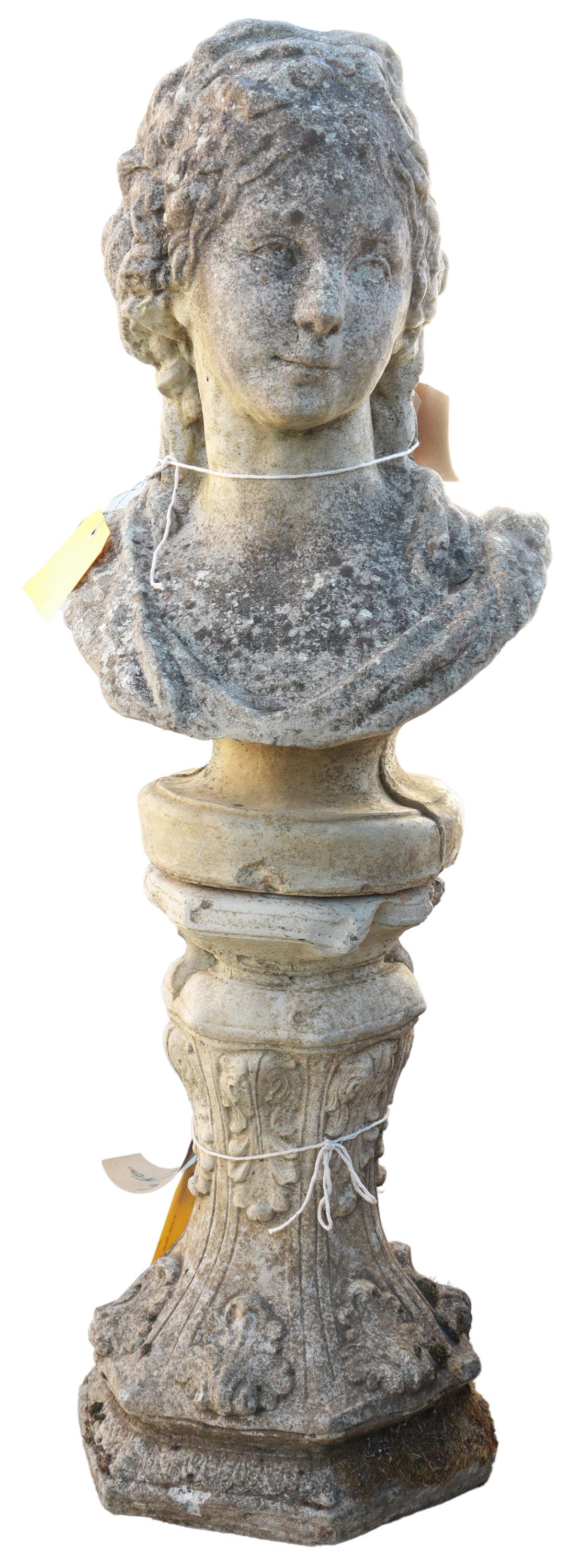(LOT) CAST STONE FEMALE BUST ON ACANTHUS COLUMN (1 of 2)