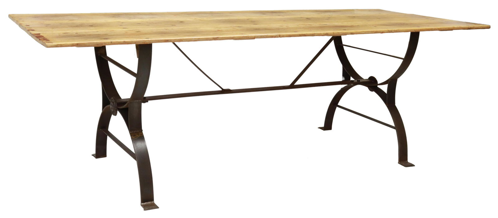 RUSTIC WAXED PINE CAST IRON BASE TABLE, 91.5"L (1 of 4)