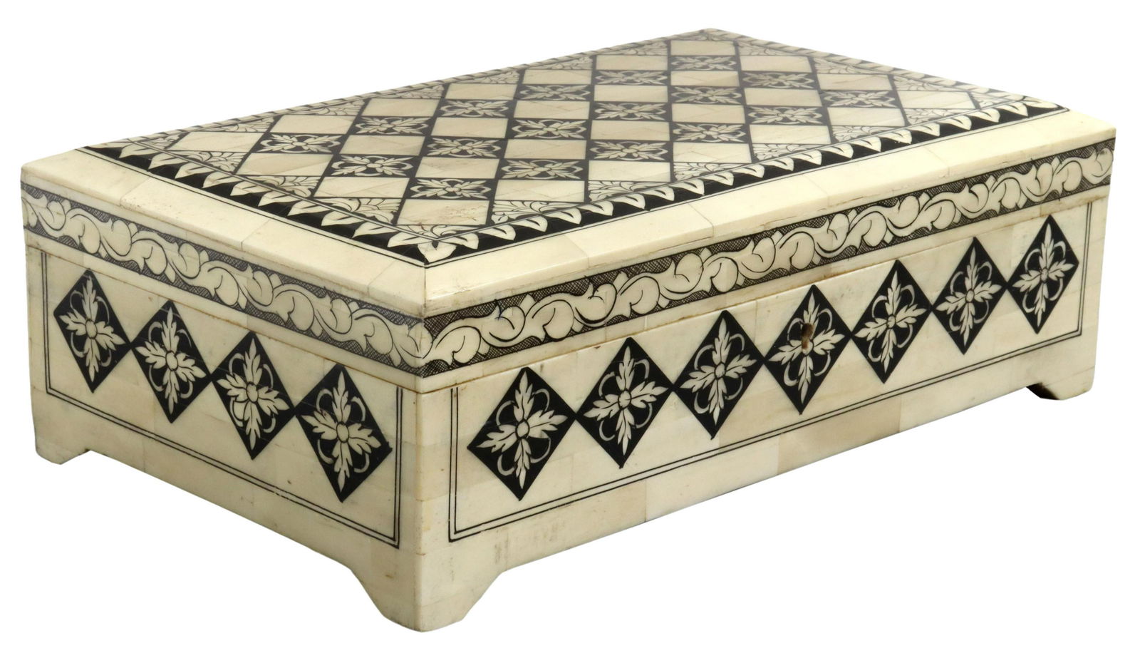 DECORATIVE BONE-TILED TABLE BOX, INDIA: Bone-tiled box, India, 20th c., top painted with black diamond foliate pattern, open interior, rising on bracket feet, approx 4.25"h, 12.25"w, 7.5"d, 5lbs Start Price: $150.00