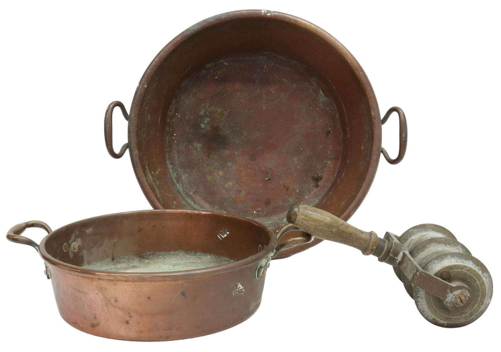 COPPER & BRONZE PANS & ROLLER, 18TH/19THC (1 of 4)