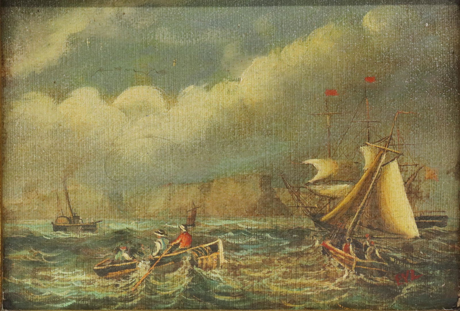 GILTWOOD FRAMED PAINTING, BOATS AT SEA, SIGNED EVL (1 of 4)