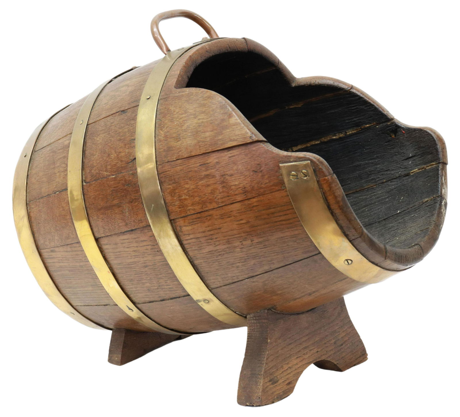 ENGLISH BRASS-BANDED OAK STAVE BARREL COAL SCUTTLE (1 of 4)
