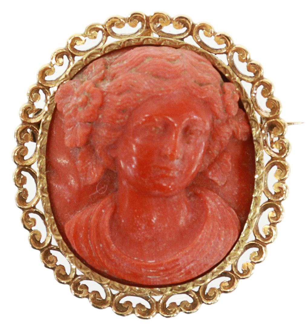 VICTORIAN 18KT GOLD & CORAL CAMEO PENDANT BROOCH (1 of 2)