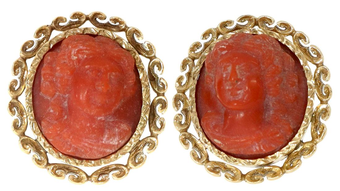 VICTORIAN 18KT GOLD & CORAL CAMEO EARRINGS (1 of 2)