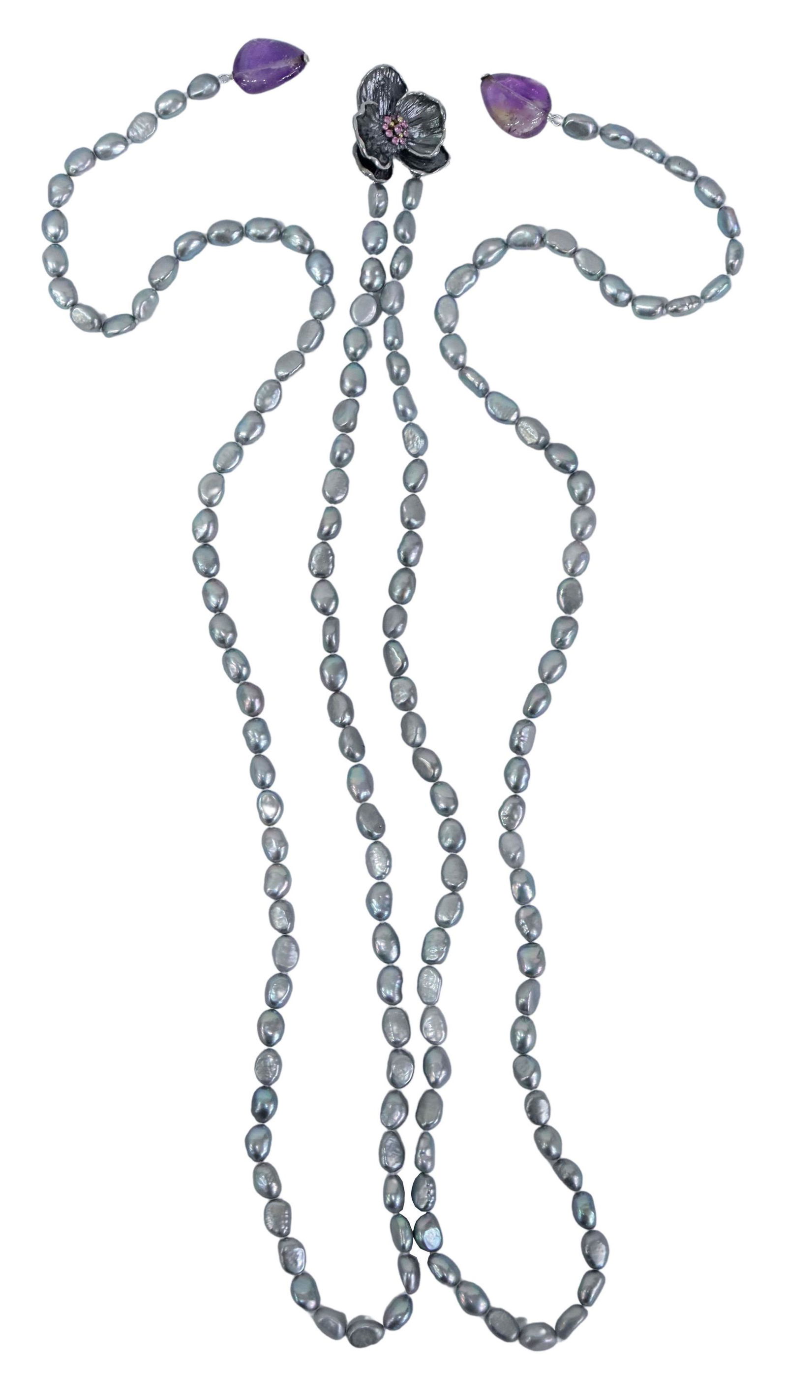 MICHAEL ARAM ORCHID LARIAT NECKLACE, GREY PEARLS (1 of 5)