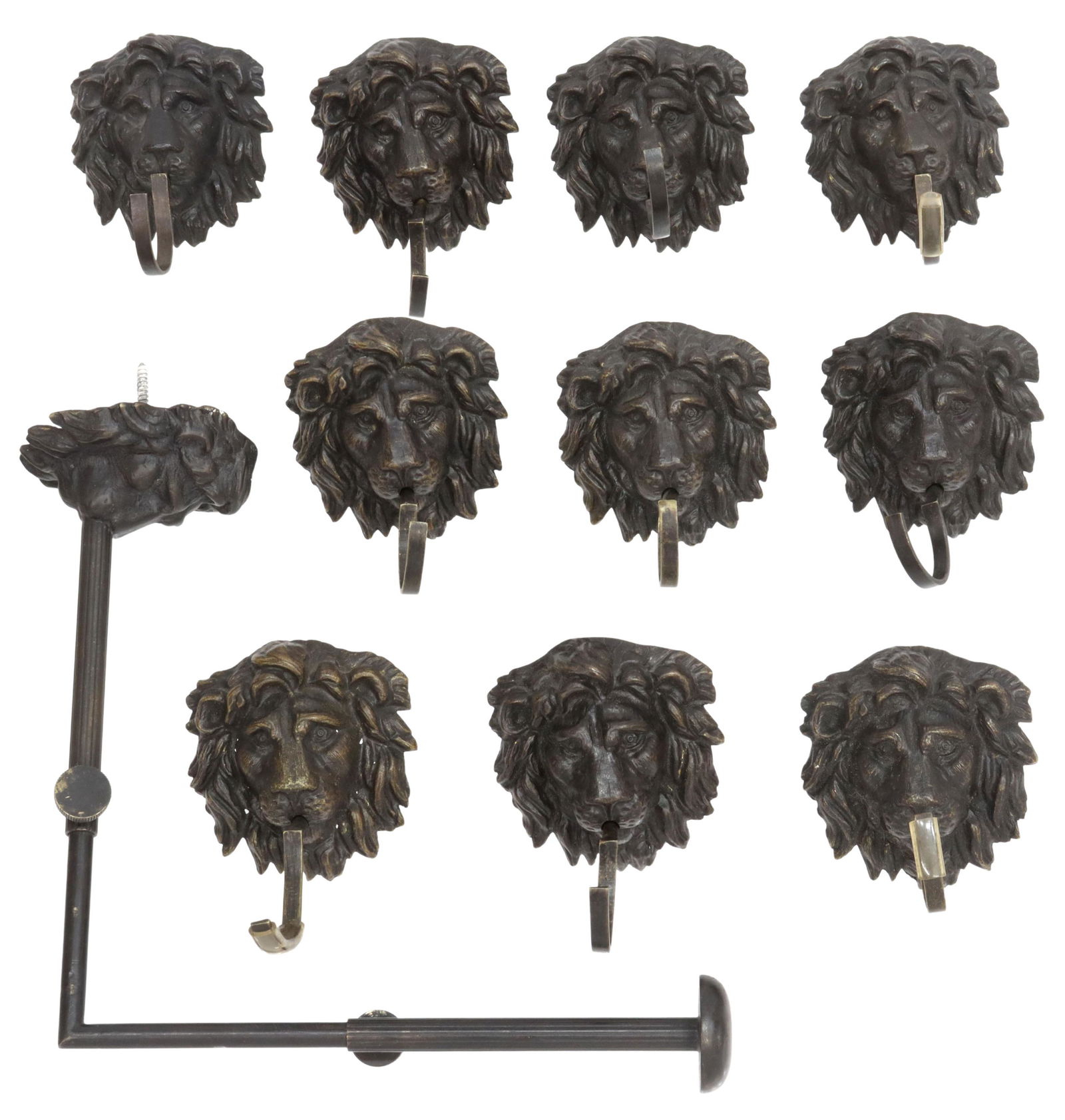 (11) BRONZE LION HEAD DISPLAY HOOKS, 3.75"H, 3.5"W (1 of 3)