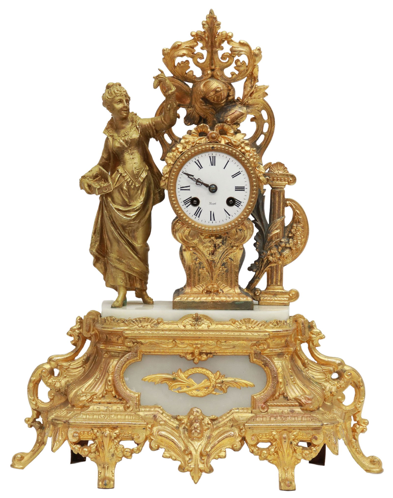 FRENCH GILT METAL FIGURAL MANTEL SHELF CLOCK (1 of 4)
