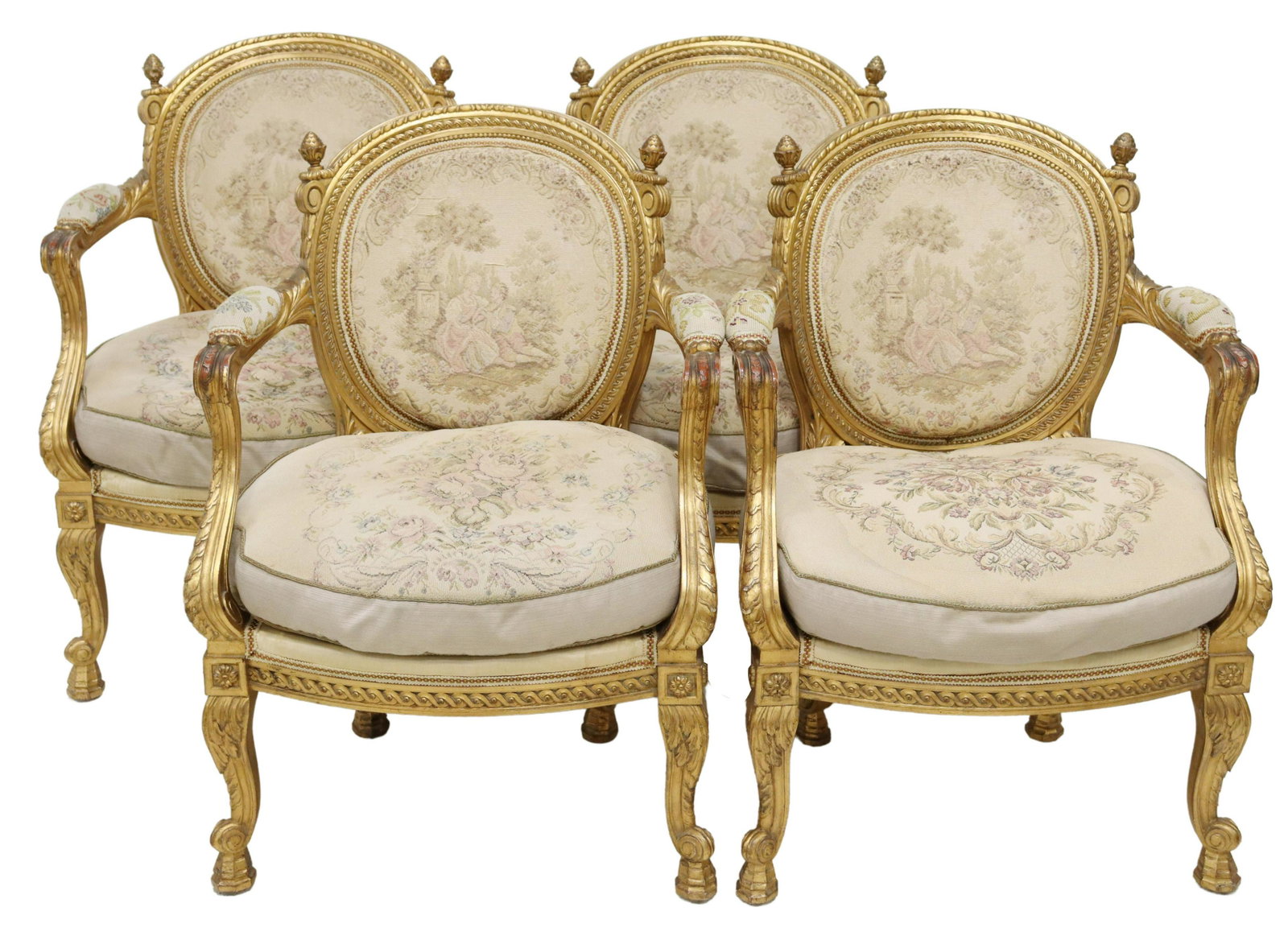 (4) SPANISH LOUIS XV STYLE GILTWOOD FAUTEUILS: (lot of 4) Louis XV style giltwood armchairs, Spain, 20th c., having carved back with acorn finials, woven floral and pastoral scene upholstery to back and seat, needlepoint upholstery to arms, rising