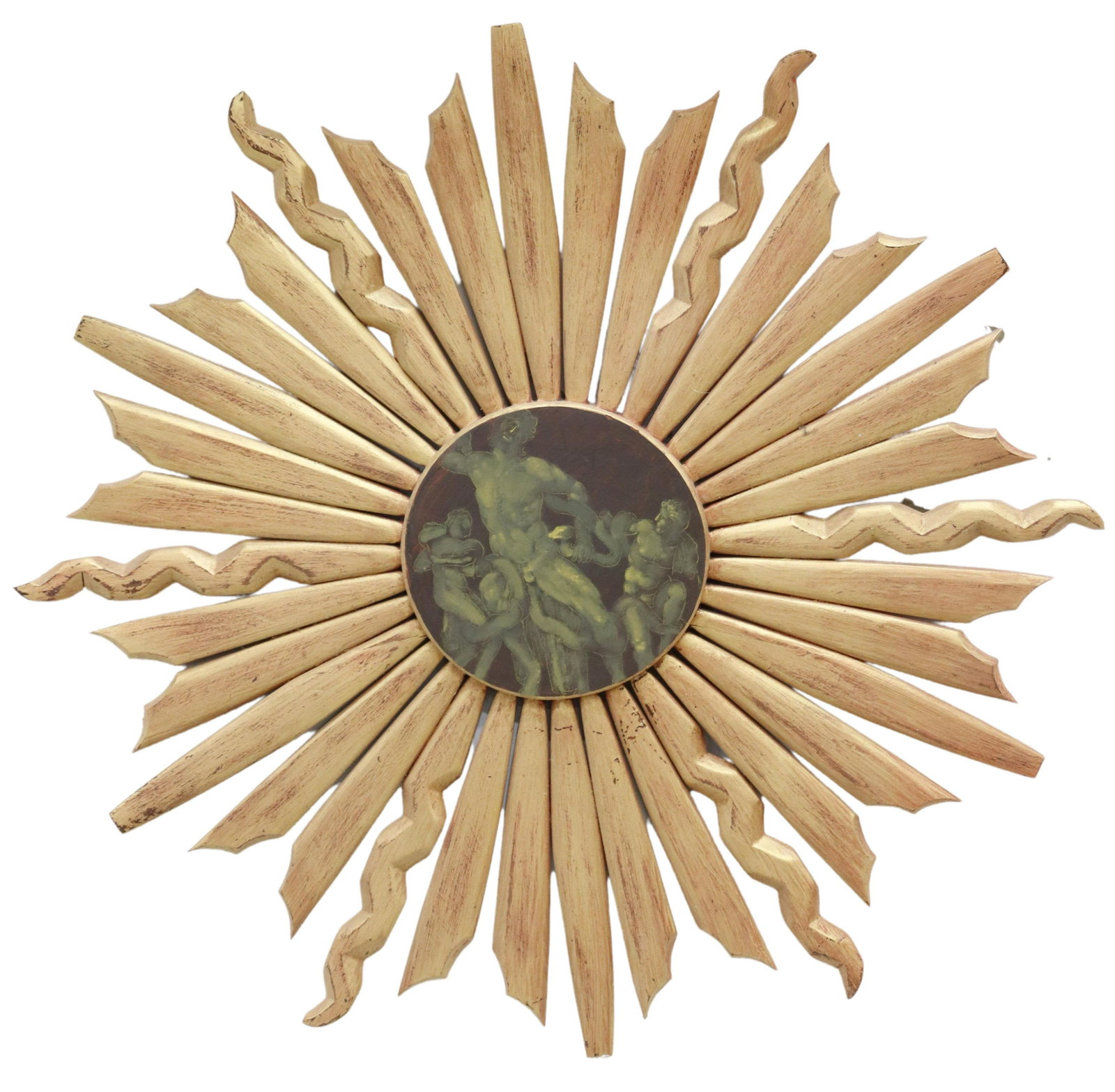 GILTWOOD SUNBURST DESIGN LAOCOON WALL PLAQUE: Giltwood sunburst wall hanging, 20th c., sunburst frame, centering a depiction of Laocoon and His Sons, approx 27.5"diam, 3.25lbs Start Price: $150.00