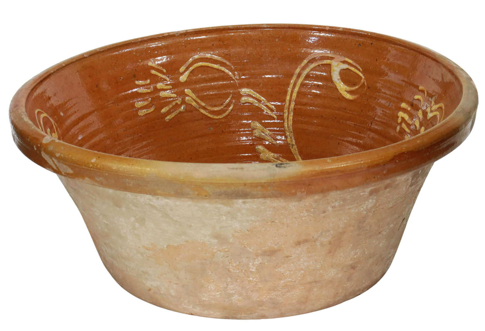 LARGE SPANISH SLIP DECORATED TERRACOTTA BOWL (1 of 3)