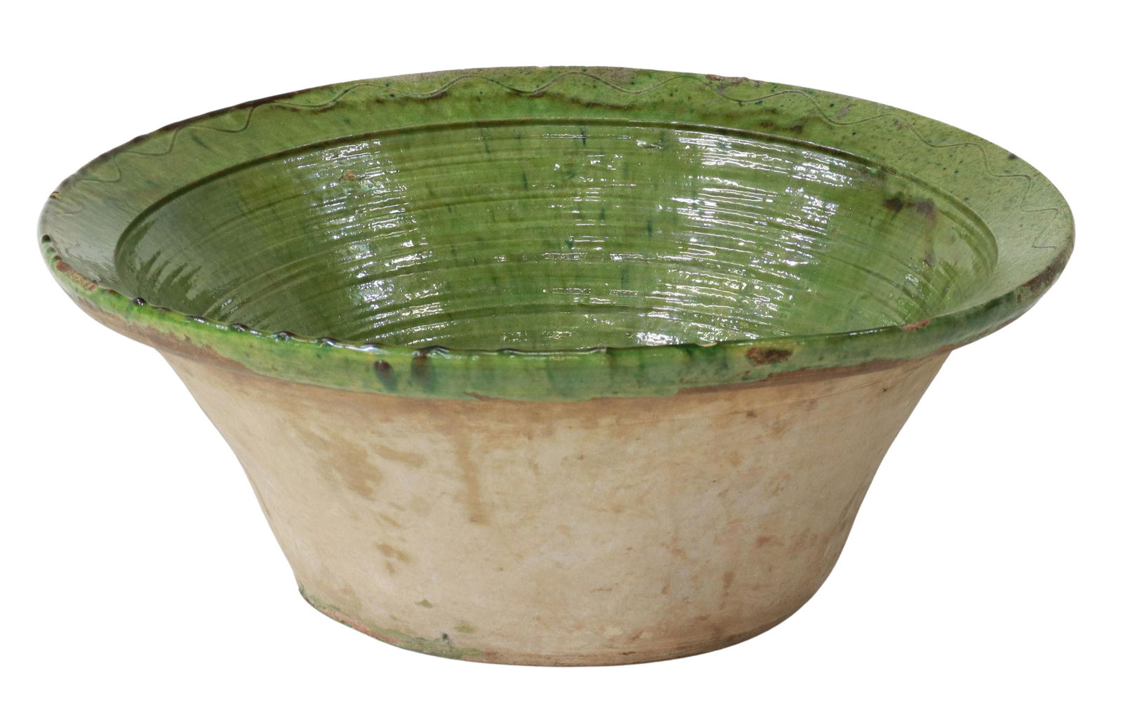 LARGE SPANISH GREEN GLAZED TERRACOTTA BOWL (1 of 3)