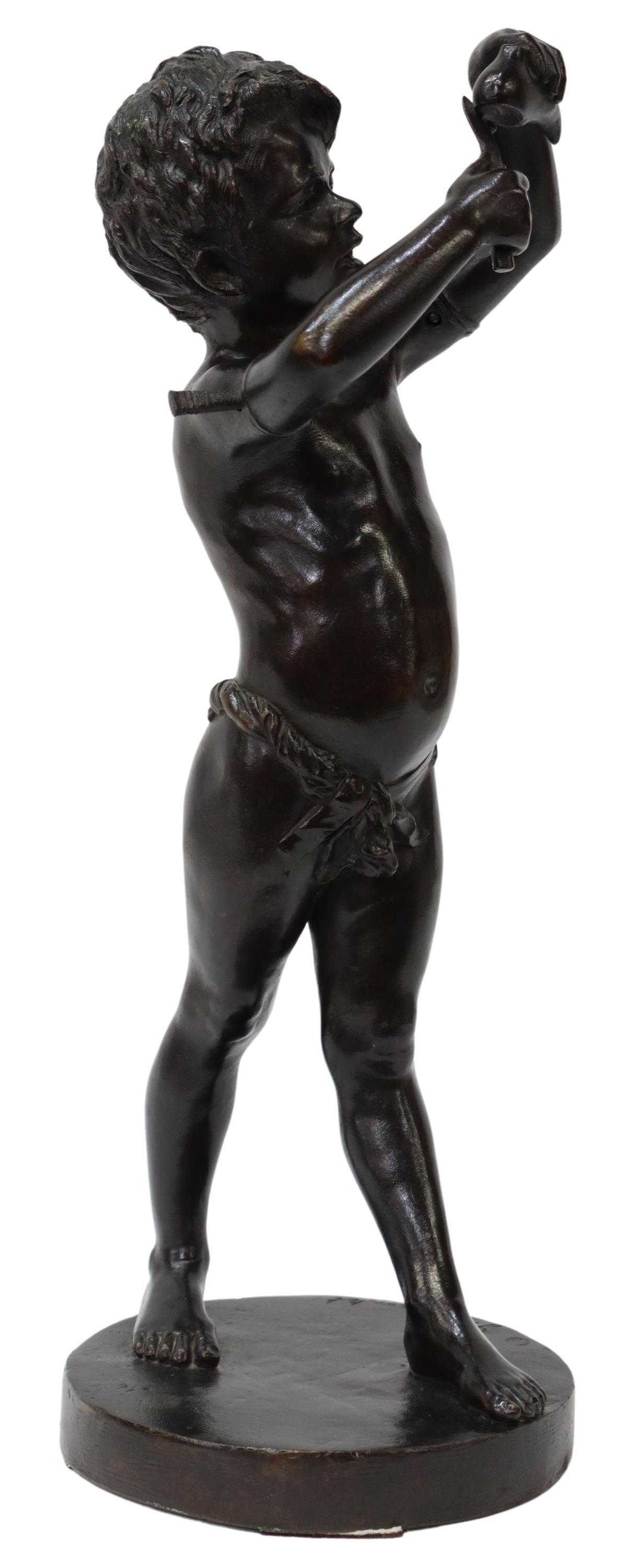 GABRIELLE DUMONTET (D.1936) SUSSE FRERES BRONZE: Patinated bronze sculpture, Boy Opening his Savings Box, signed in cast G. Dumontet (Gabrielle Dumontet, French, 1860-1936), Susse Freres, Paris, approx 16.25"h, 5.75"diam, 10.25lbs Start Price: $150.
