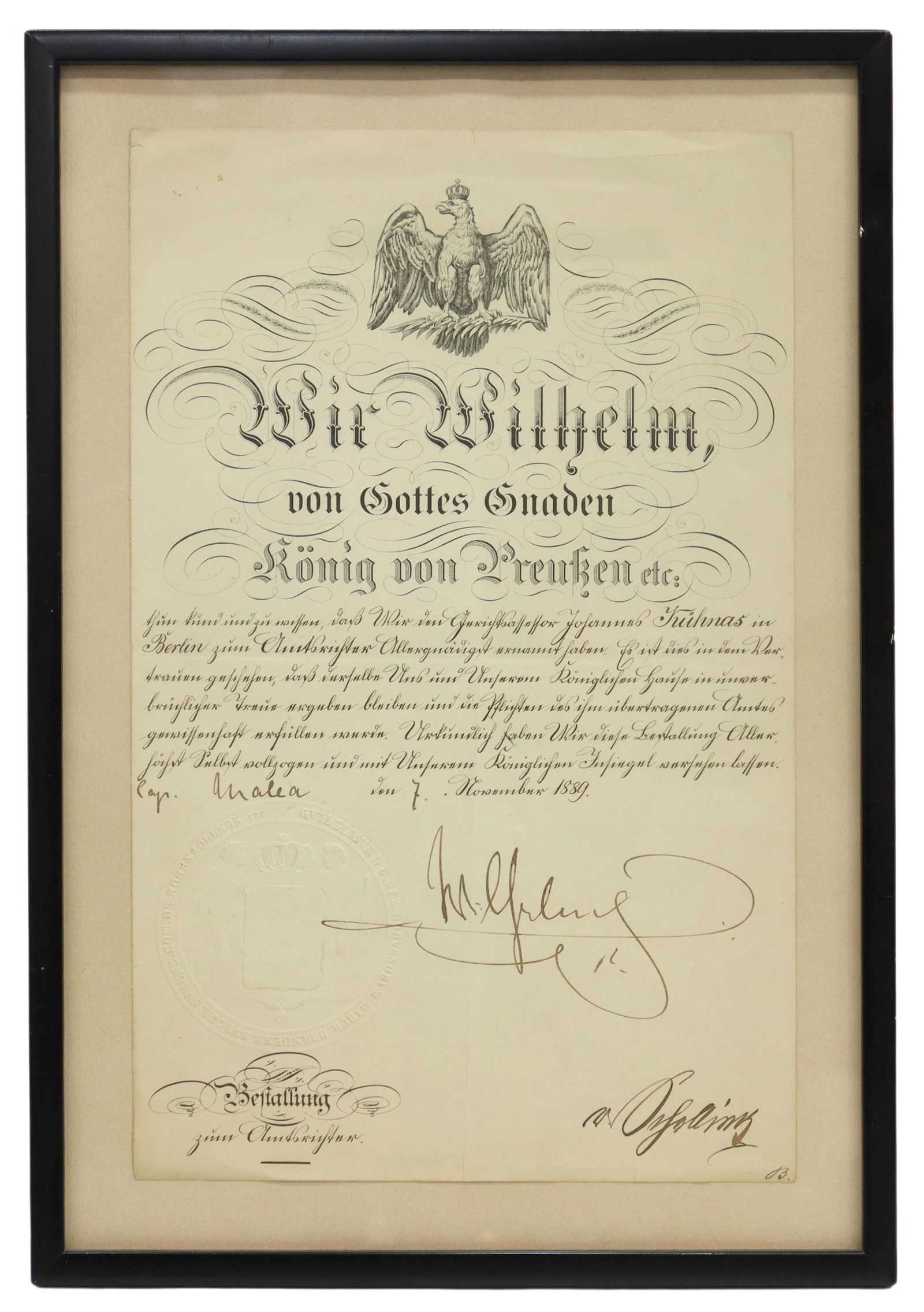 GERMAN KAISER WILHELM II SIGNED 1889 DOCUMENT (1 of 3)
