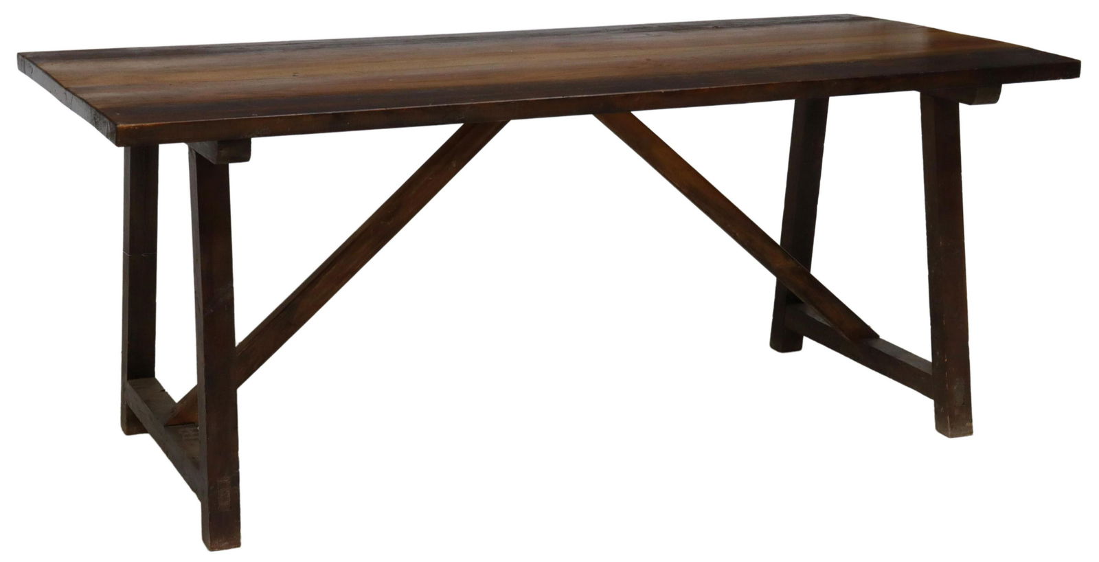 RUSTIC SPANISH WALNUT TRESTLE TABLE, 74.5"L (1 of 4)