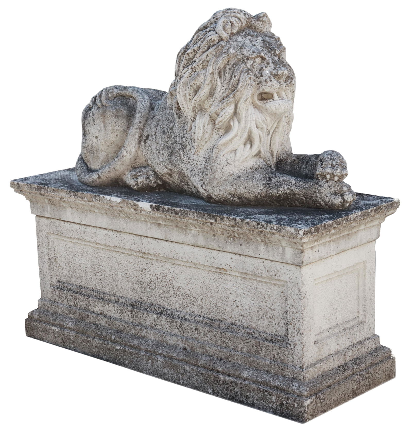 MONUMENTAL CAST STON LION ON PLINTH BASE, 47.5"H (1 of 5)