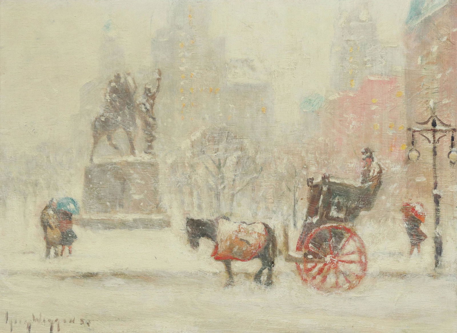 GUY CARLETON WIGGINS (D.1962) WINTER AT THE PLAZA: Framed oil on board painting, "Winter at the Plaza," the Grand Army Plaza, Central Park, signed lower left Guy Wiggins (Guy Carleton Wiggins, New York, Connecticut, Florida, 1883-1962), titled at the