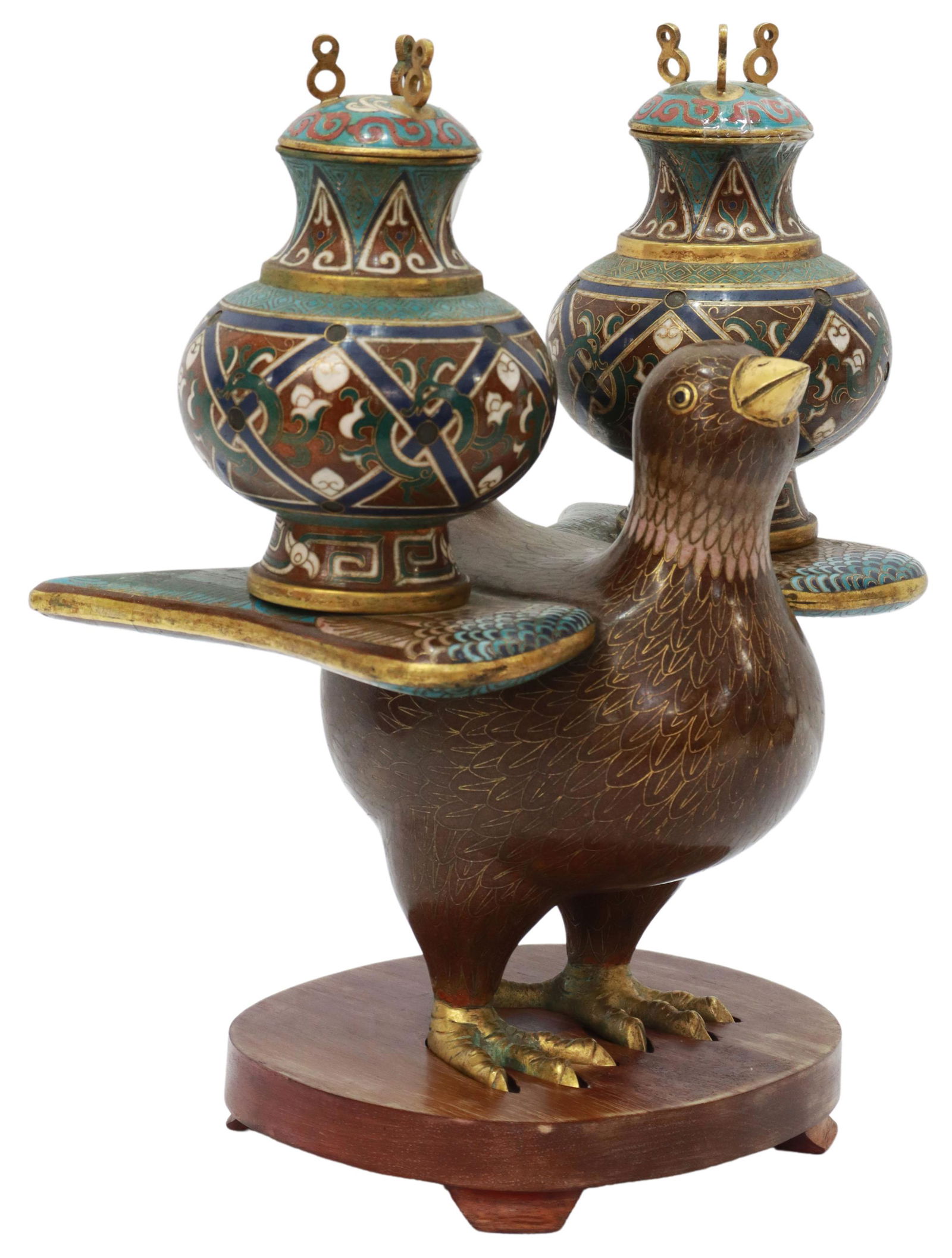 CHINESE CLOISONNE ENAMEL BIRD WITH URNS ON WINGS (1 of 4)