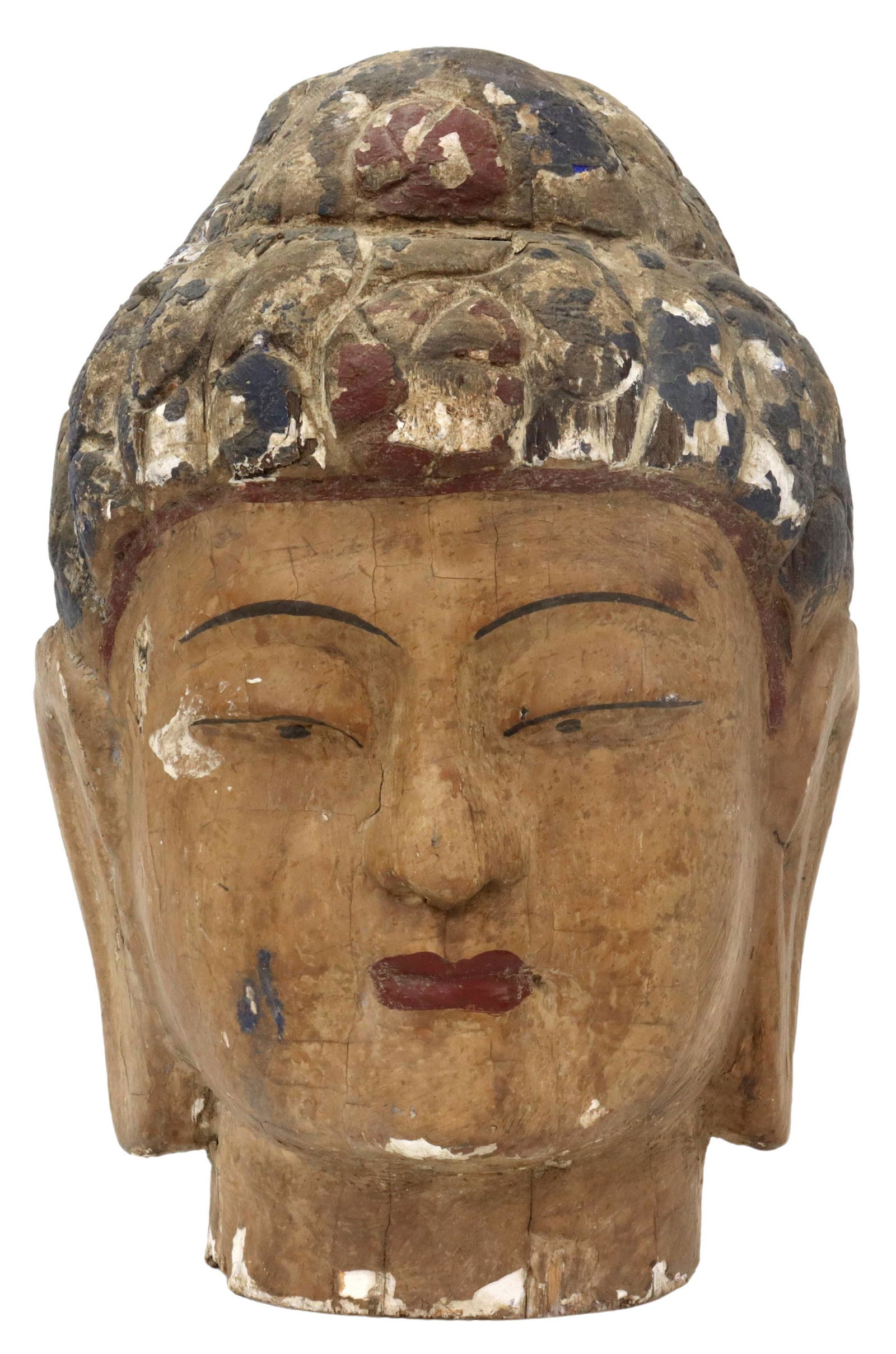 LARGE CARVED & PAINTED WOOD HEAD OF BUDDHA, 16"H (1 of 5)