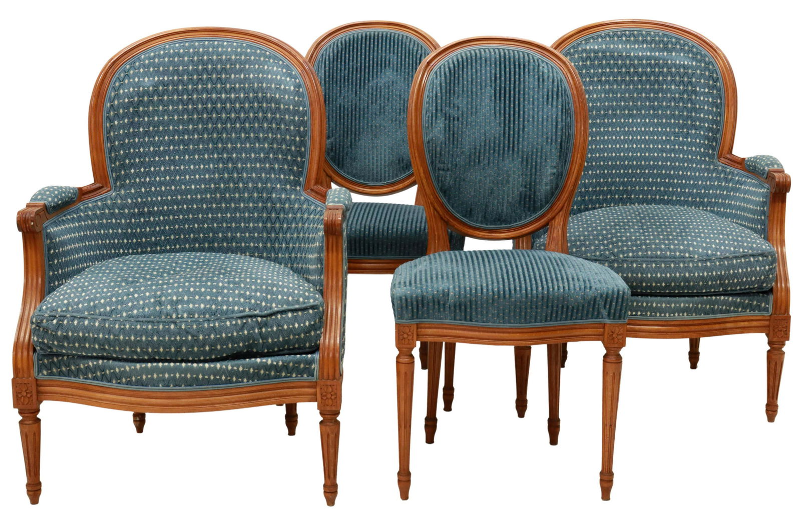 (4) FRENCH LOUIS XVI STYLE BERGERES & SIDE CHAIRS: (lot of 4) French Louis XVI style seating, 20th c., fruitwood frames, patterned upholstery, rising on tapered fluted legs, including: (2) armchairs, with scrolled handholds, approx 37"h, 27"w, 20.5"d,