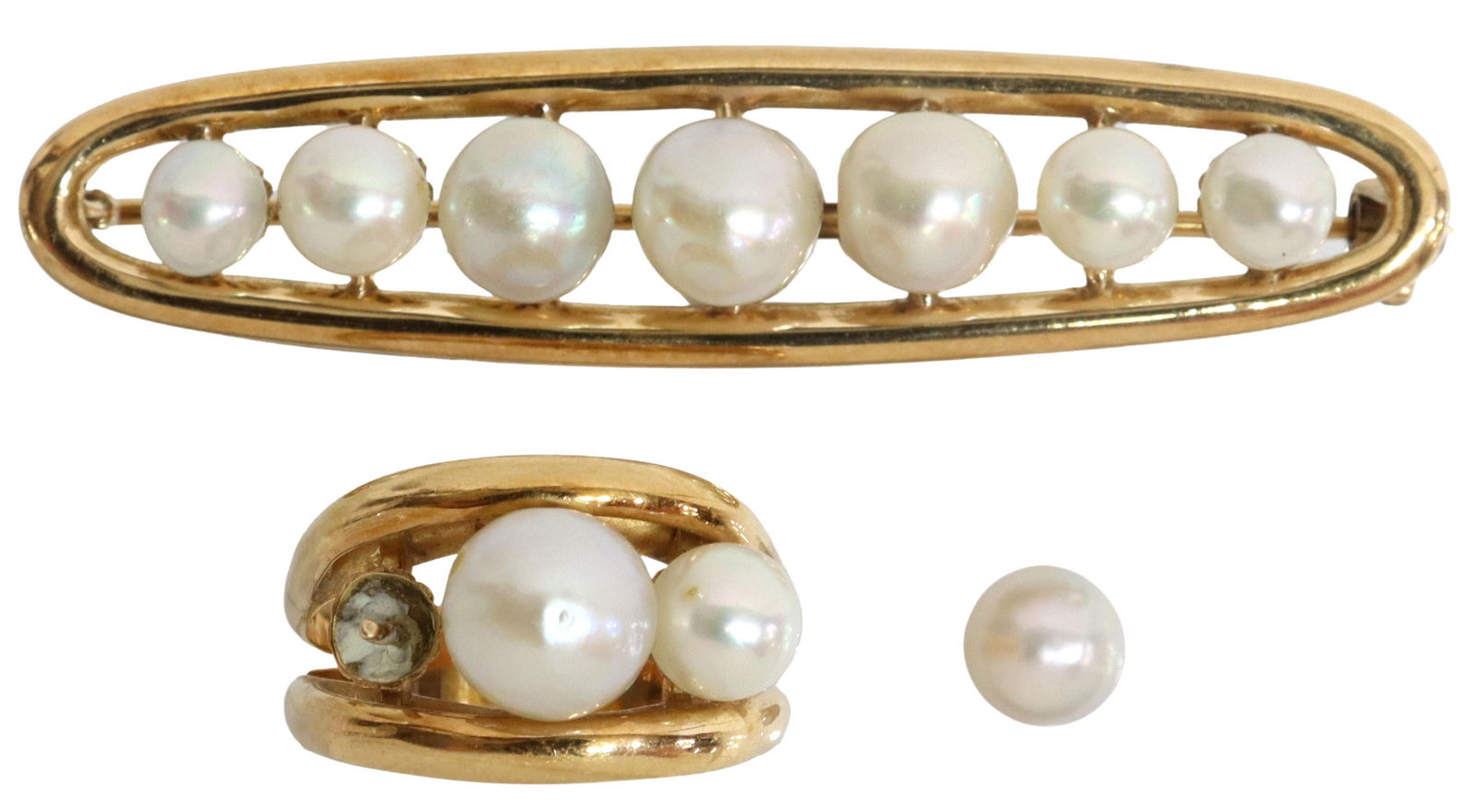 (2) ESTATE 18K GOLD & CULTURED PEARL BROOCH & RING (1 of 5)