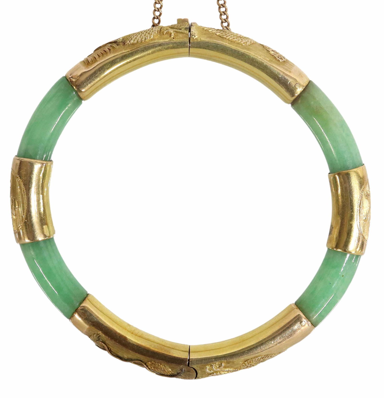 CHINESE 14KT YELLOW GOLD & JADE HINGED BANGLE (1 of 4)