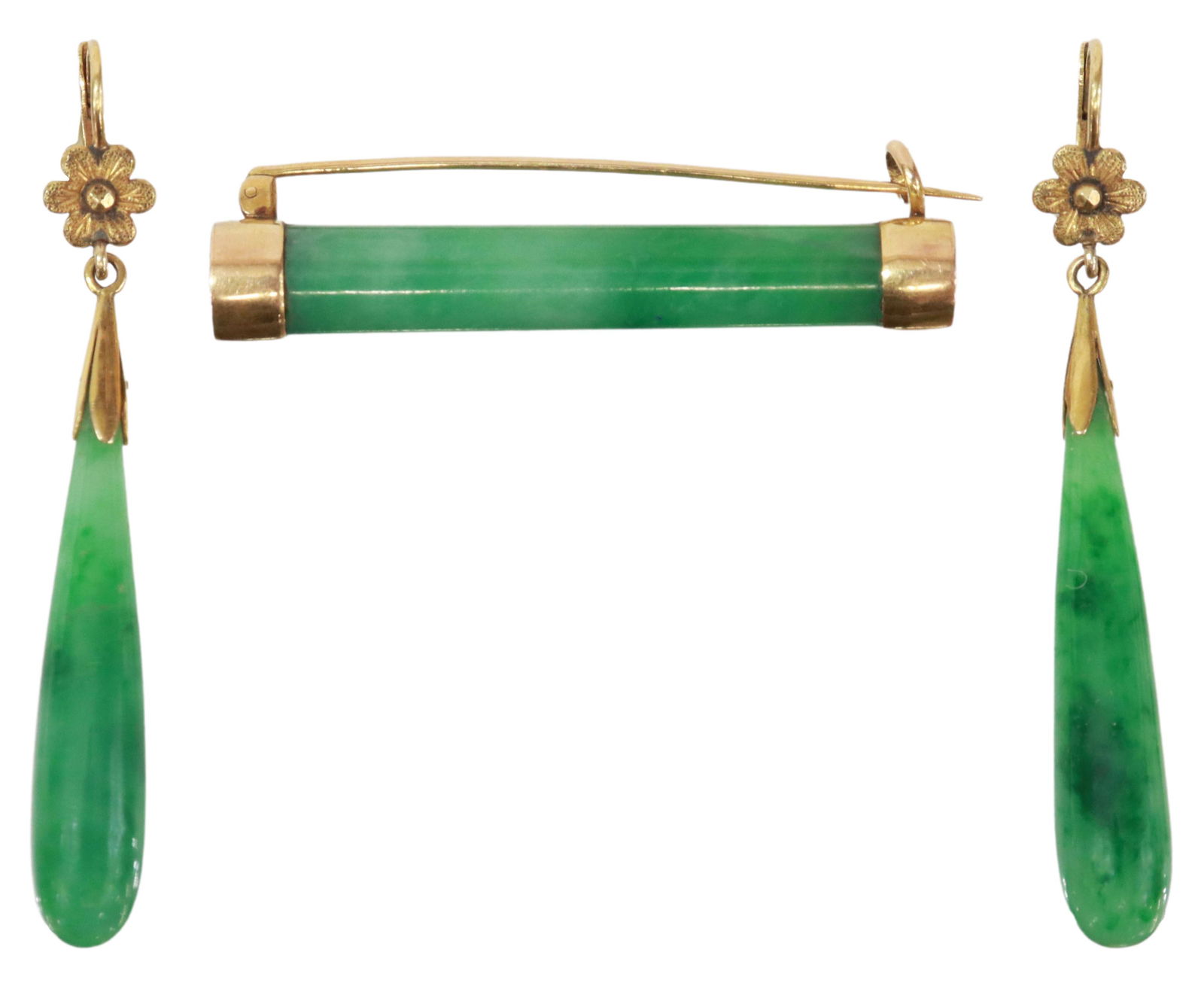 (2) ESTATE 18KT GOLD & JADEITE BAR PIN & EARRINGS (1 of 2)