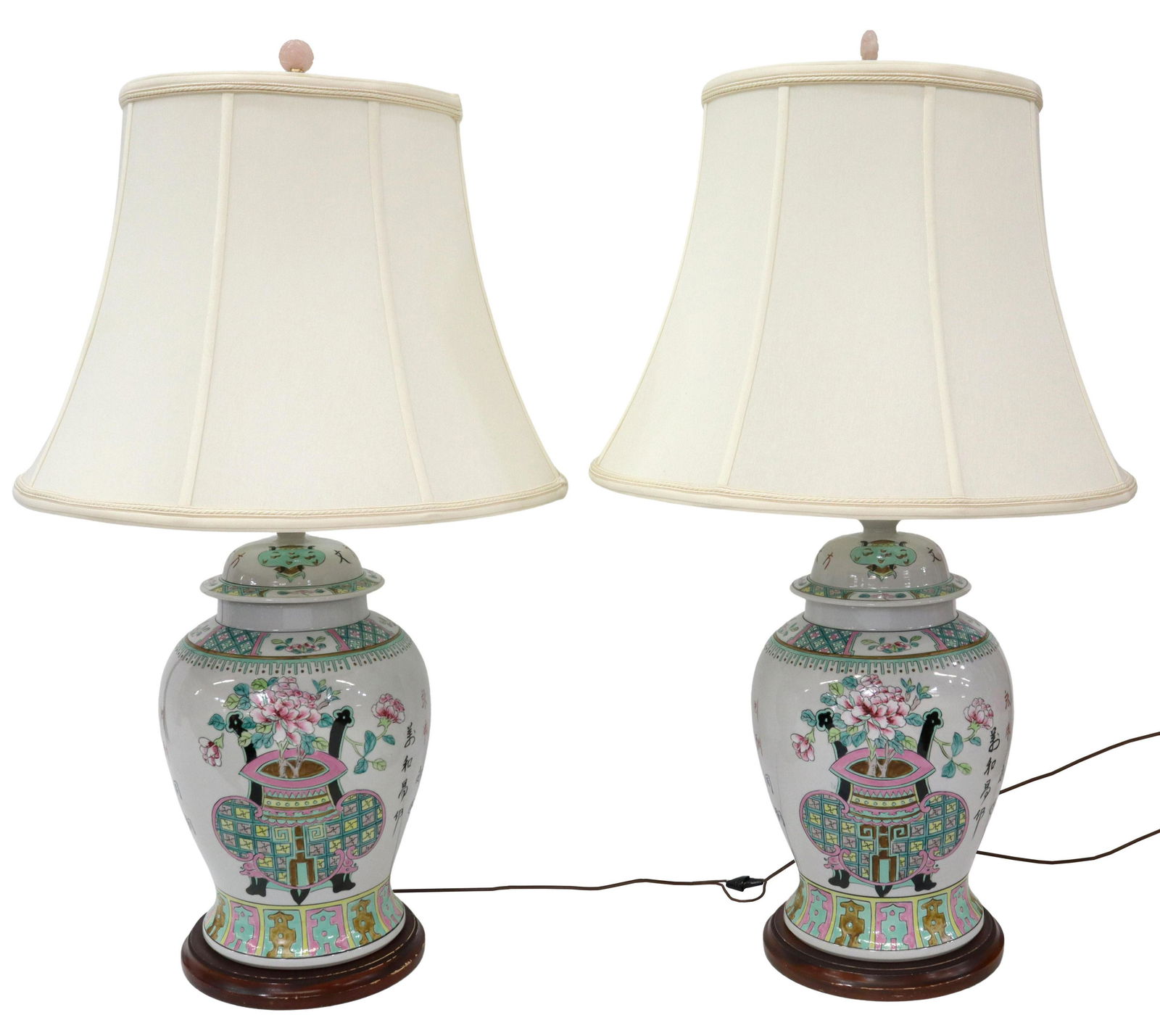 (2) CHINESE FAMILLE ROSE PORCELAIN TWO-LIGHT LAMPS (1 of 6)
