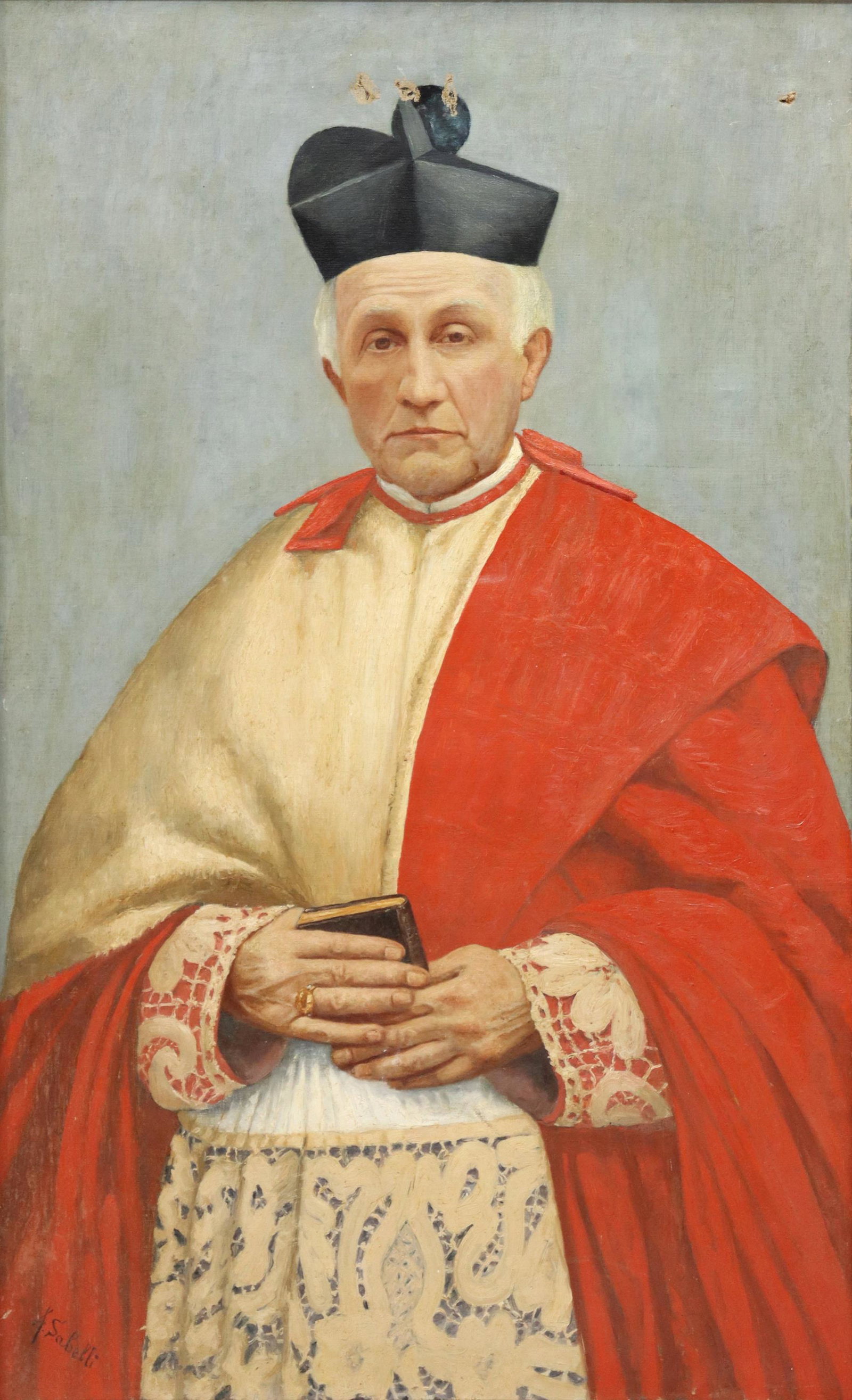 A. SABELLI PORTRAIT OF A CATHOLIC PRIEST: Framed oil on canvas painting, Portrait of a Priest in Black Biretta, signed lower left A. Sabelli (Antonio Sabelli), punctures and patched repair to canvas, sight: approx 40.75"h, 24.75"w, overall: 4