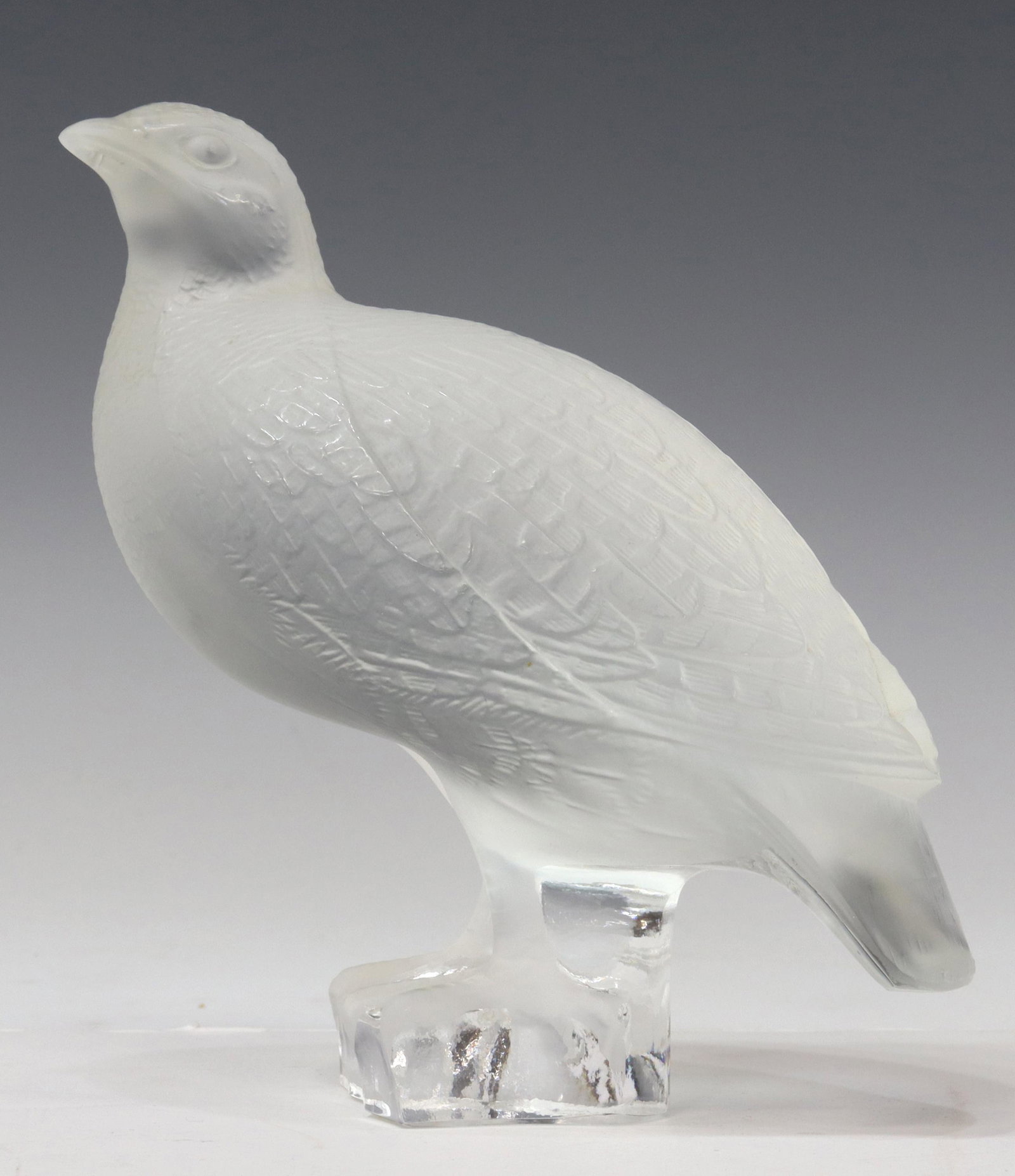 FRENCH LALIQUE FROSTED ART CRYSTAL PARTRIDGE: French Lalique frosted crystal sculpture, Partridge, engraved signature Lalique France underfoot, approx 6"h, 6"d, 3.5"w, 2.75lbs Start Price: $50.00