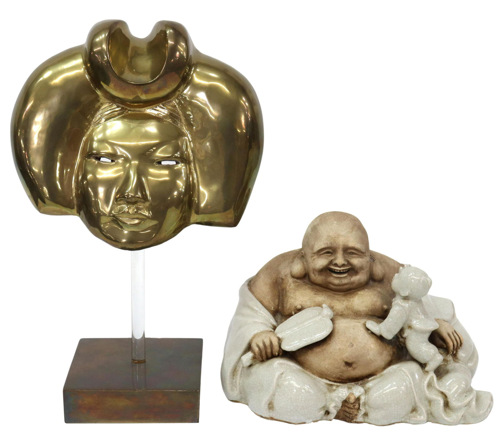 (2) CHINESE PORCELAIN BUDDHA & BRASS FEMALE MASK (1 of 3)