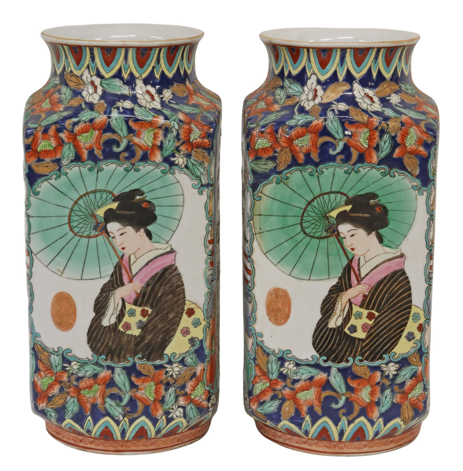 (2) CHINESE ENAMELED PORCELAIN SQUARE VASES: (lot of 2) Chinese porcelain square vases, having figural reserves, floral motifs, parcel gilt accents, honorific marks underfoot, approx 14.5"h, 6"diam; 14.75lbs total Start Price: $60.00