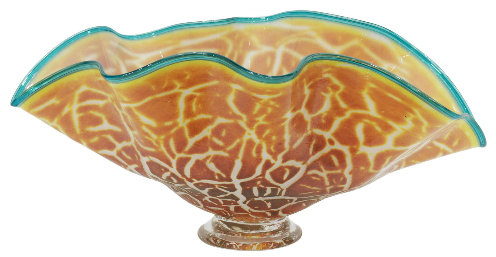 CHRIS MOSEY IGNIS (B.1984) ART GLASS FLUTTER BOWL: Contemporary art glass "Flutter" bowl, signed Ignis '10 (Chris Mosey Ignis, American, b.1984), 2010, ruffled form, with orange volcanic exterior surface, teal lip wrap, rising on a pedestal foot, appr