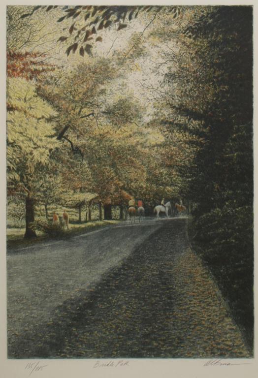 SIGNED LIMITED LITHOGRAPH, HAROLD ALTMAN,1924-2003: Framed limited edition lithograph, "Bridle Path", signed lower right Altman (Harold Altman, American, 1924-2003), numbered lower left 135/285, sight: 28"h, 19.5"w, overall: 37"h, 29"w, 11lbs
