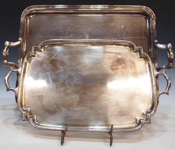 LARGE FRENCH CHRISTOFLE SILVER PLATE SERVICE TRAY: (lot of 2) Large silver plated service trays including: (1) French Christofle tray, rectangular with scrolled handles, 25.25"w; (1) F. C & Co. tray with ornate corners and banded with a braided floral
