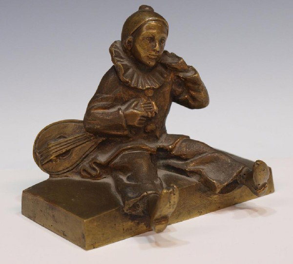 CONTINENTAL GILT BRONZE SEATED CLOWN FIGURE: Antique Continental gilt bronze clown, the seated figure holding a mandolin, his other hand cupped to his ear, 3.5"h, 4"l, 2"w, 1.75lbs