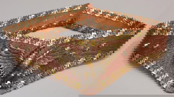 DESIGNER JOSE COTEL PARIS FRANCE LEATHER BELT: Vintage Jose Cotel leather belt, Paris, France, trimmed with applied stars and centering a patinated bronze eagle, retaining the original tag, 30.5"l, 1lb