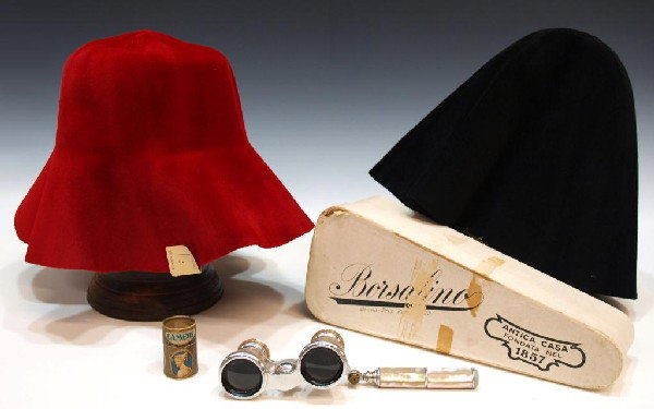 MOP OPERA GLASSES, VINTAGE BORSALINO HATS: (lot of 4) Vintage ladies items including: (1) Henry Birks & Sons LTD mother-of-pearl opera glasses, folding handle, 4.25"w; (1) partial set of 'Golden Cameos' gold-tipped matches, 1.75"h; (2) Women's