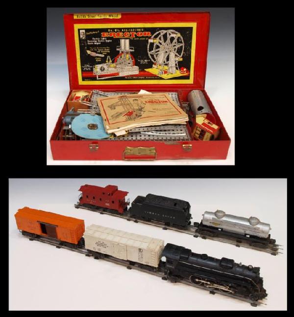 (2) LIONEL TRAIN SET, GILBERT ERECTOR SET: (2 sets) (1) Lionel train including, Engine #2026, Tender #6466WX, Box Car #6454, Tank Car #6465, Operating Milk Car #3472, Caboose, #6257, Manual Switches #1024, Remote Control Track Set #6019, Autom