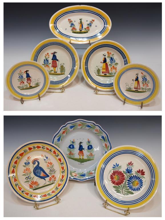 COLLECTION OF QUIMPER FIGURAL PAINTED PLATES: (lot of 8) Collection of Quimper plates and oval platter, including: (1) large rose shaped dish, light blue slip , depicting standing male, signed on front with 'HB Quimper', 10.5"w; (2) small plates,