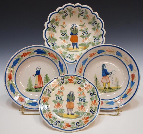 HENRIOT QUIMPER FAIENCE POTTERY COMPOTE & PLATES: (lot of 4) Collection of Henriot Quimper faience pottery including: (1) rose form plate, image of man with arms crossed, restoration with glue 8.25"w; (2) bowls with man and woman, 9.5"w; (1) footed c
