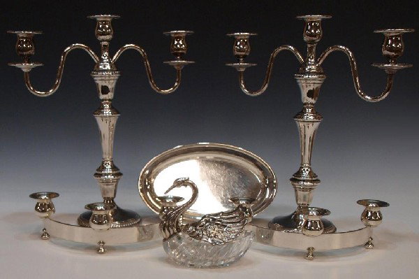 COLLECTION SILVER PLATE CENTERPIECE & CANDELABRA: (lot) Silver plate decorative and table objects including: (pair) FB Rogers Silver Co. three light candelabra having gadrooned trim, 14"h; Chilean 999 sterling plated metal circular centerpiece in two
