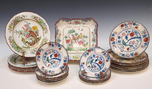 ANTIQUE COPELAND SPODE & BOOTHS TABLEWARE: (lot of 25) Collection English tableware, late19th/early 20th c., including: Booths part-dinner service with (5) berry bowls, one repaired, 5.75"w; (5) bread plates, one with chip to paint, 5.5"w; (8)