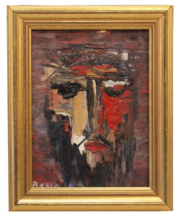 PAINTING, ABSTRACT PORTRAIT OF JESUS, PIERRE BOSCO: Framed painting on board, an abstract portrait of Jesus, by Pierre Bosco (1909-1991) signed lower left, writing and dated 7/3/1967 verso, sight: 7.5"h, 5.75"w, overall: 9.5"h, 7.5"w, 1lb