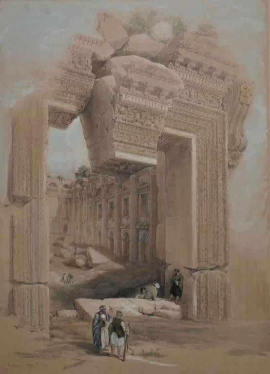 19TH C. LITHOGRAPH, BAULBEC, AFTER DAVID ROBERTS: Framed 19th c. lithograph, after David Roberts (1796-1864), 'Baulbec May 7th, 1939', hand tinted, some minor spotting, sight: 20.25"h, 14"w, overall: 29"h, 22.5"w, 9lbs