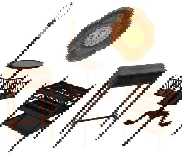 CANTERBURY, UNSUAL FLOOR LAMP, SIDE TABLE, CLOCK: (lot of 4) Furniture group comprising (1) mahogany canterbury raised on casters, (1) unusual floor lamp having a circular table top above spindled magazine sections, tripod base terminating in snake f