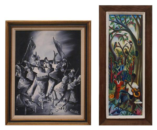 SIGNED HATIAN PAINTINGS, GEORGE & JOSEPH LOUIS: (lot of 2) Haitian paintings including: (1) framed monochromatic oil on canvas, a figural scene, signed 'George' lower right, marked on the verso 'Enguerrand Gourgue "George', sight: 19"h, 15.5"w, ove