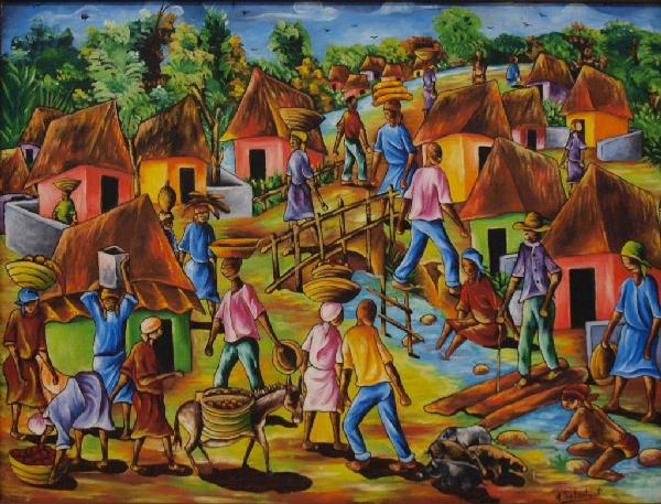 PAINTING, HATIAN VILLAGE SCENE, ANDRE LAFONTANT: Large framed oil painting, a colorful village scene, by Andre Lafontant (Haiti, 20th c.) signed 'A. Lafontant' bottom right, sight: 29.5"h, 39"w, overall: 33"h, 43"w, 6.25lbs