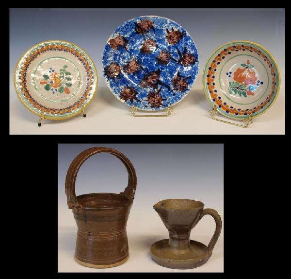MEXICAN TALAVERA & TEXAS POTTERY, SPONGEWARE: (lot of 5) Pottery group comprising: (3) Mexican Talavera pottery dishes, a bowl marked Urtarte Puebla with matching underplate, cracklure to plate, and an unusual cobalt spongeware plate; (1) candleh