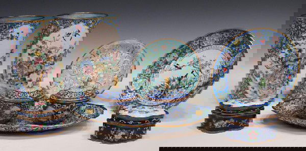 CHINESE POLYCHROME PEKING ENAMEL DECORATIVE ITEMS: (lot) Chinese Peking enamel decorative objects including: (pair) Cylindrical vases painted with profuse avian and floral scenes, 8"h; (2) lidded pots on a matching underplate, polychrome painted with