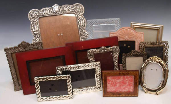 (14) COLLECTION OF ASSORTED PICTURE FRAMES: (lot of 14) Collection of various picture frames including metal, inlay, ceramic, and crystal, most 5"x7" photos, minor wear, 18lbs